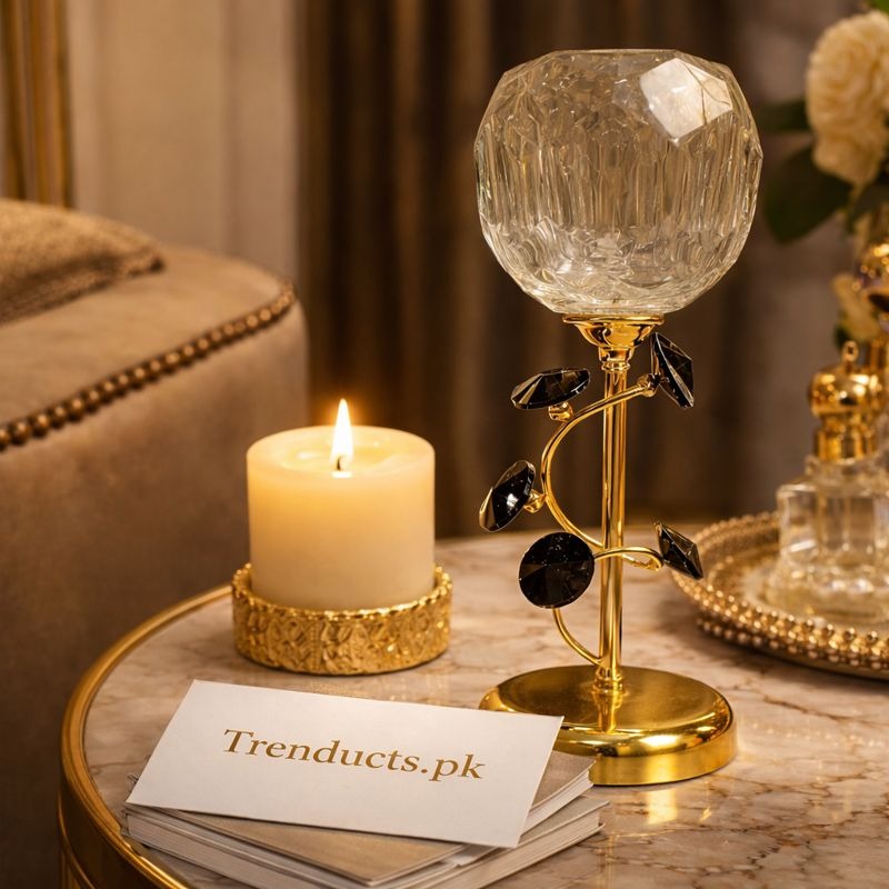 Elegant Crystal Metal Candle Stand - Luxury Gold Table Centerpiece