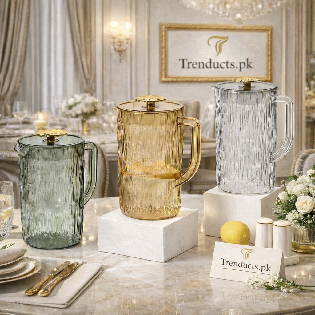 Premium Transparent Ripple Glass Water Jug with Gold Accents