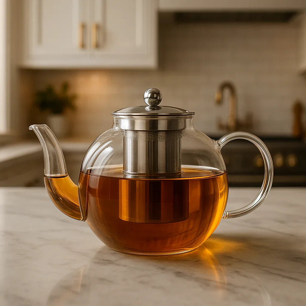 Premium Clear Glass Tea Kettle with Steel Filter & Lid