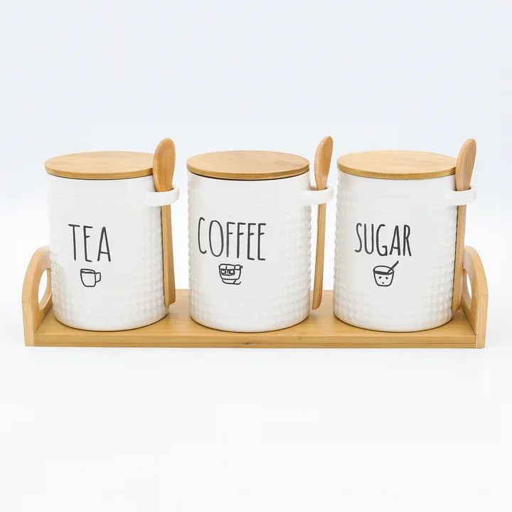 Minimal Ceramic Tea Coffee Sugar Jars Set with Stand