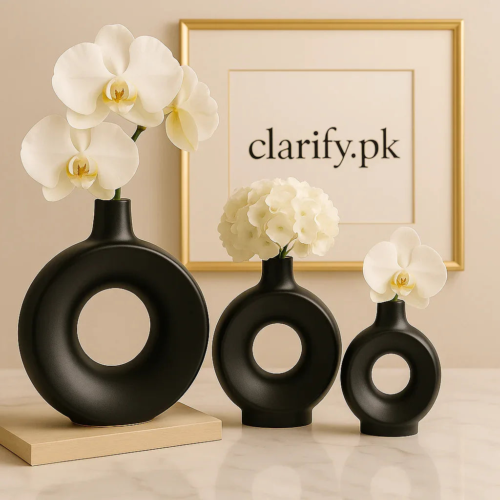 Modern Black Ring Vase Set – 3 Pcs Decorative Hollow Vases