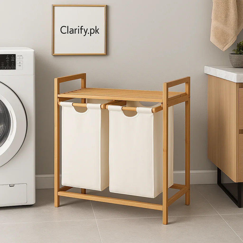 Dual Compartment Bamboo Laundry Basket with Fabric Bags