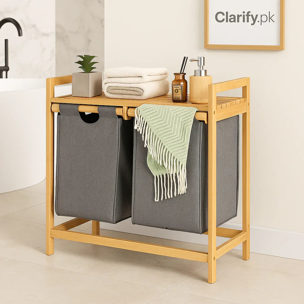 Double Compartment Bamboo Laundry Sorter – Grey Fabric Bags