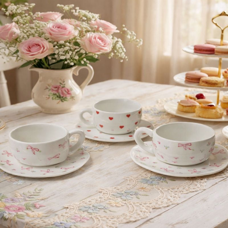 Aesthetic Ribbon Ceramic Cup & Saucer - Random Design (each)