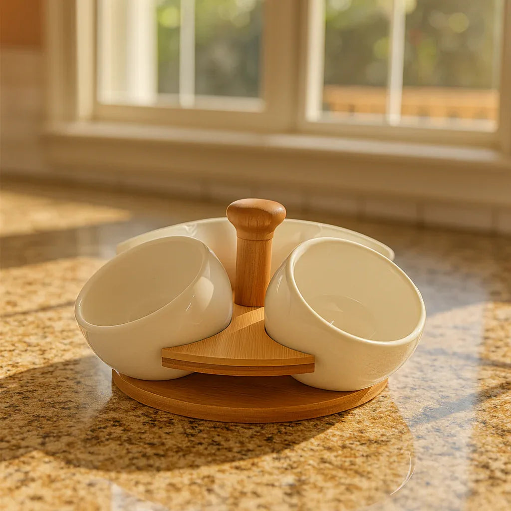 Luxury Ceramic Condiment Bowl Set with Wooden Stand – 4 Pieces