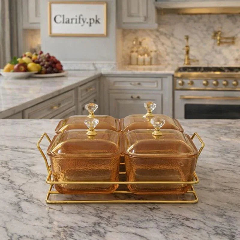 Elegant Glass Serving Bowls with Gold Stand – 4 Compartment Set