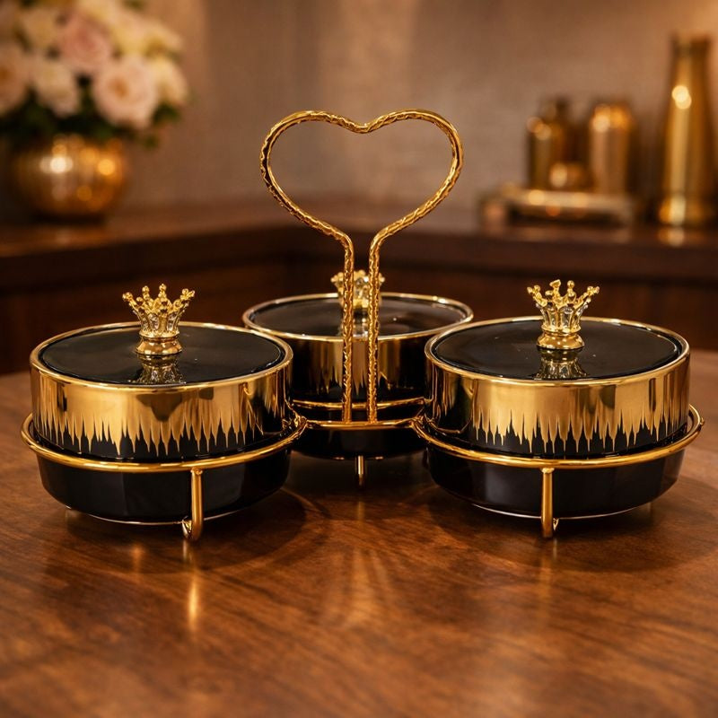3-Section Luxury Gold Canister Set – Black Ceramic Jars with Heart Handle