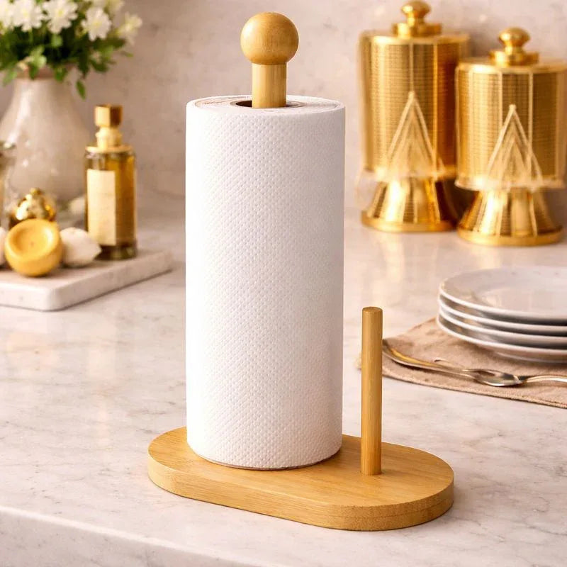 2-in-1 Bamboo Kitchen Tissue Roll Holder Stand