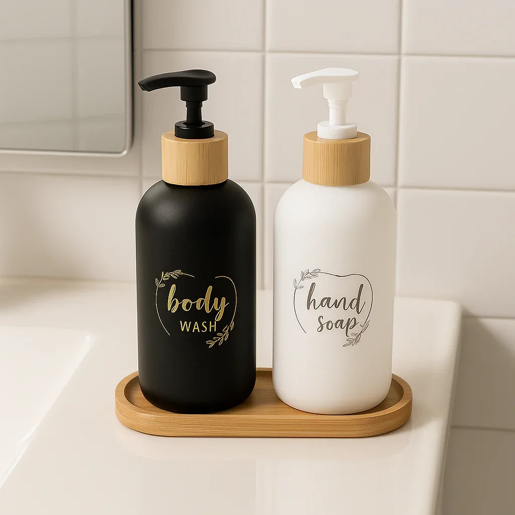 Luxury Bathroom Soap Dispenser Set with Bamboo Tray