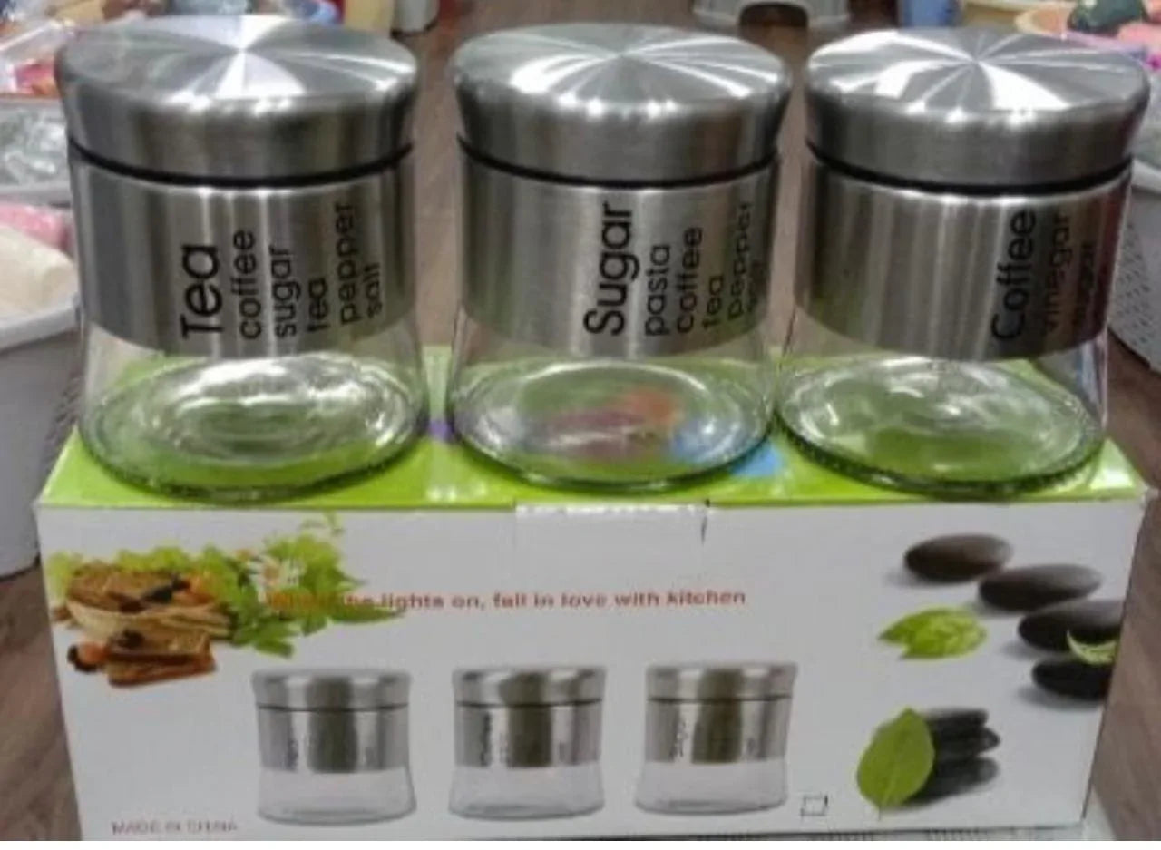 3-Piece Glass Jar Set with Steel Lid - Tea, Sugar, Coffee