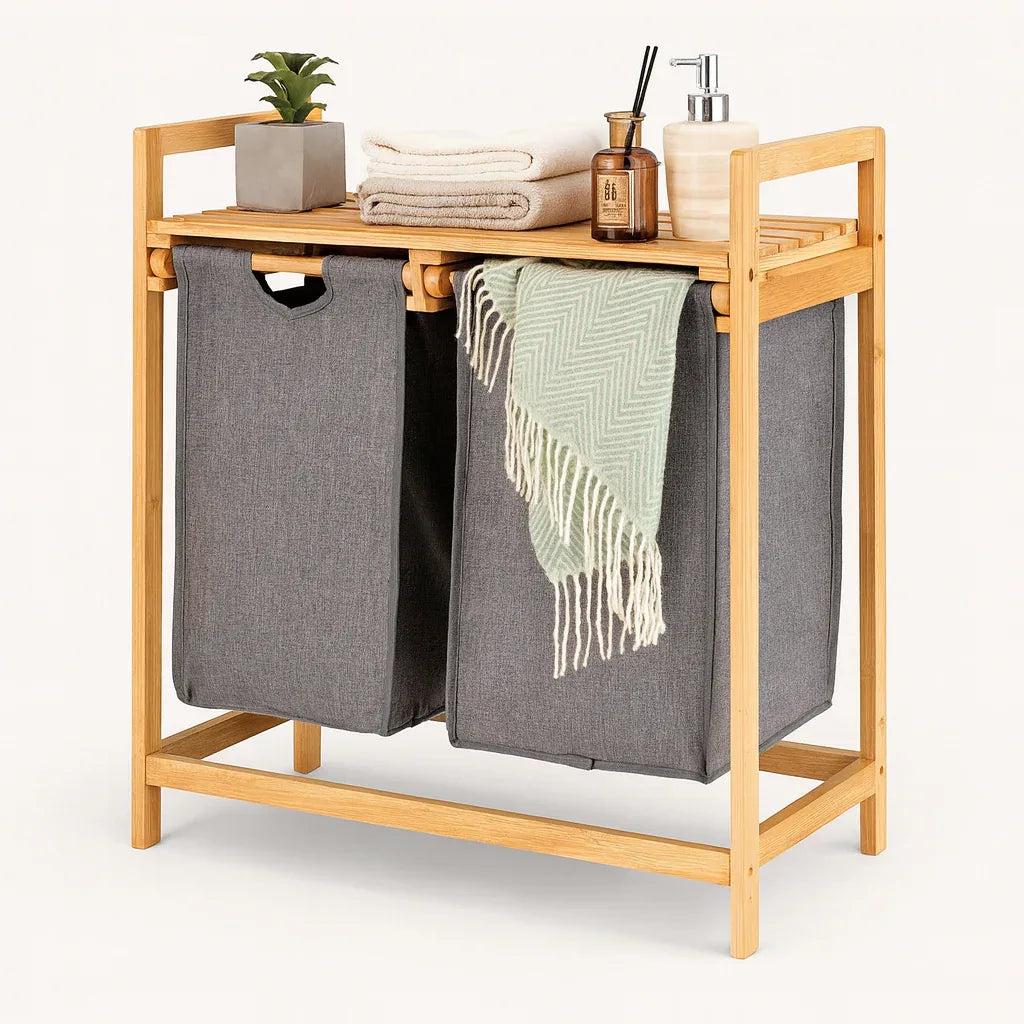 Double Compartment Bamboo Laundry Sorter – Grey Fabric Bags