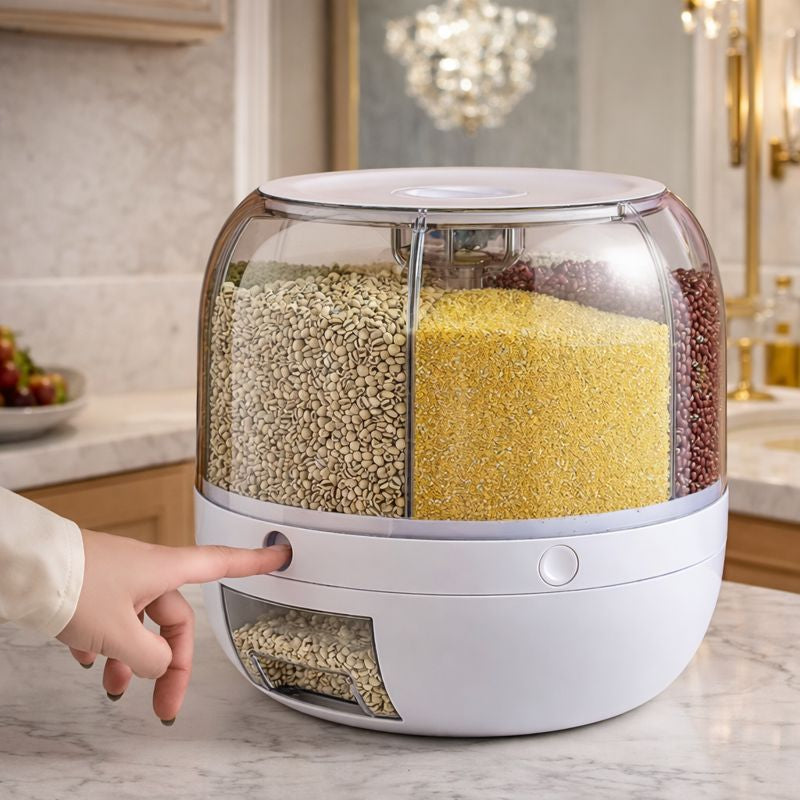 Premium 360° Rotating 6-Grid Grain Dispenser - One-Touch Cereal & Rice Organizer