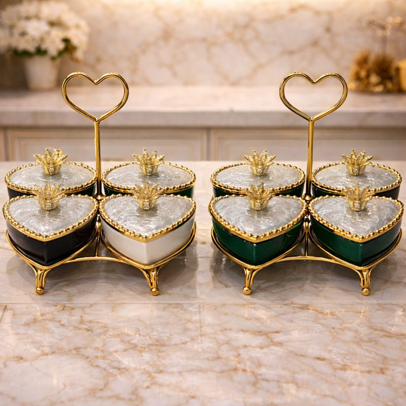 Luxury 4-Section Heart Serving Set – Fancy Marbled Jars with Golden Heart Stand (Random color)