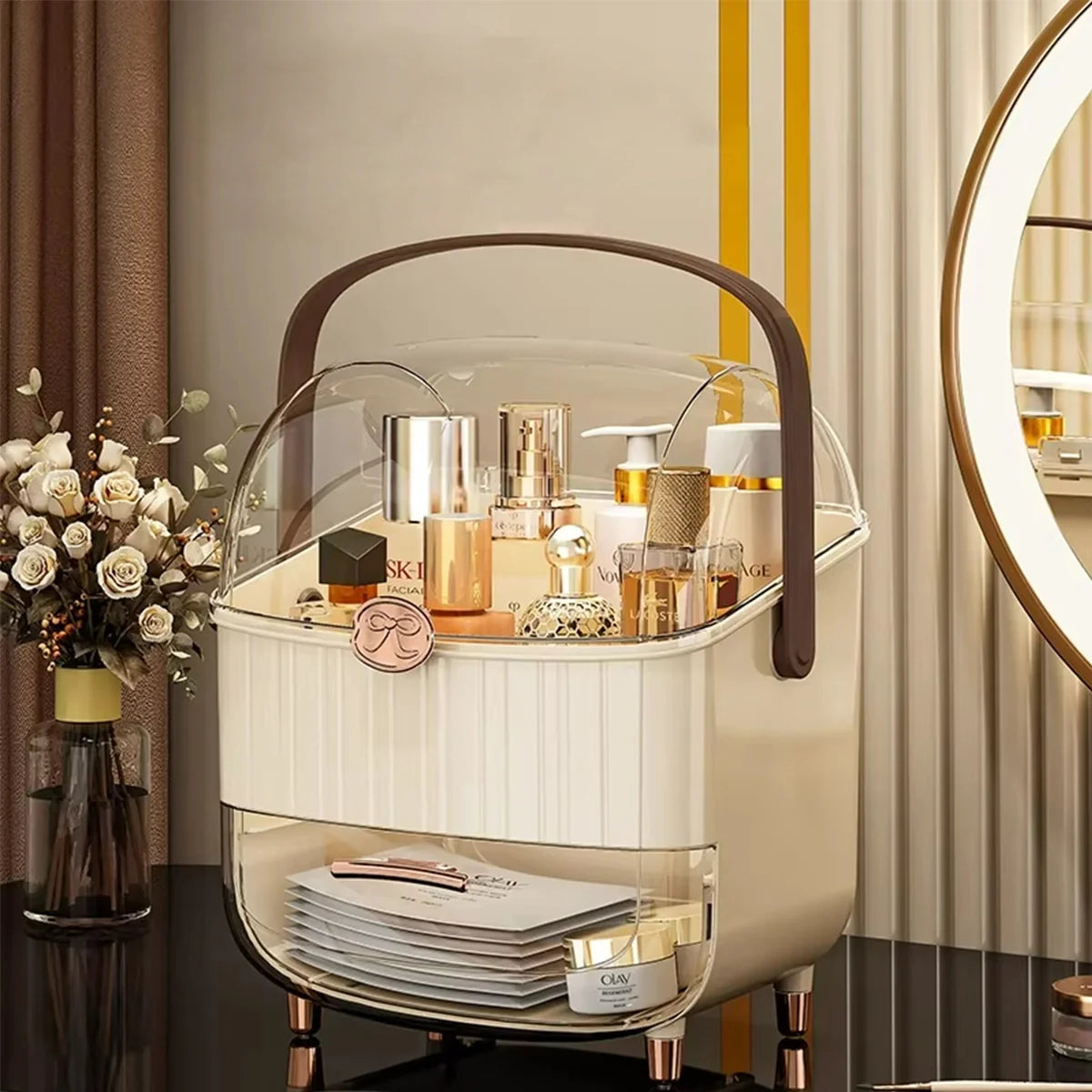 Imperial White-Gold Vanity Organizer – Luxury Dust-Proof Edition