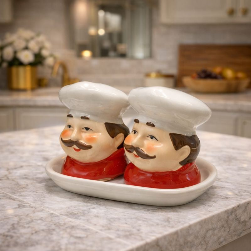 Premium Whimsical 2-Piece Ceramic Chef Shaker Set – Decorative Salt & Pepper Jars with Tray