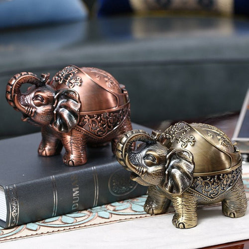 Antique Metal Elephant Standing Ashtray - Windproof Luxury Desktop Ornament