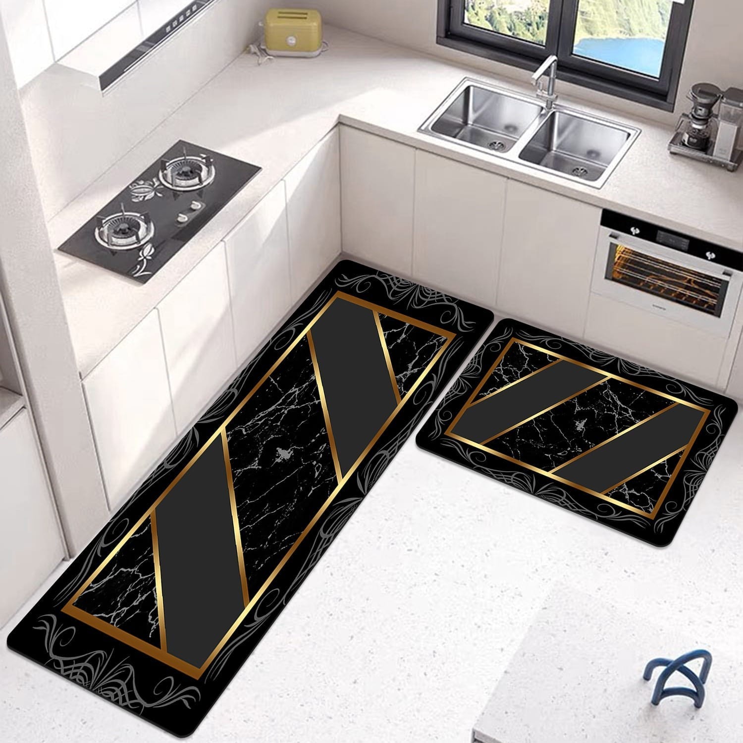 Charcoal & Gold Mandala Napa Leather Anti-Slip Runner Set (2 Pcs)