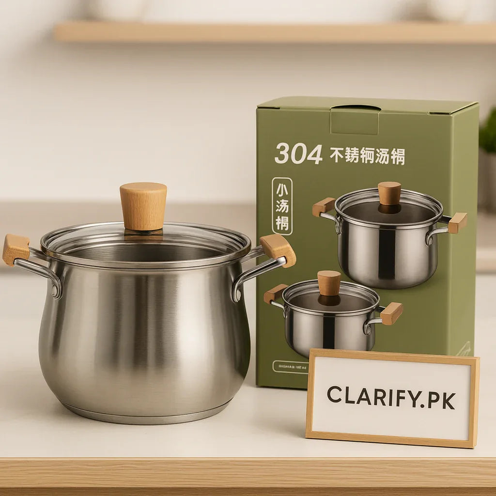 Elegant Stainless Steel Cook Pot – Wooden Grip Handles & Clear Lid