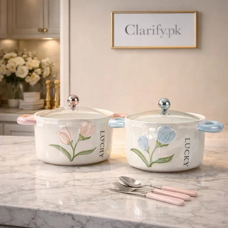 Luxury Floral Ceramic Casserole Bowl 1200ml with Glass Lid