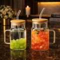 Mason Jar Glass with Handle & Bamboo Lid – Aesthetic
