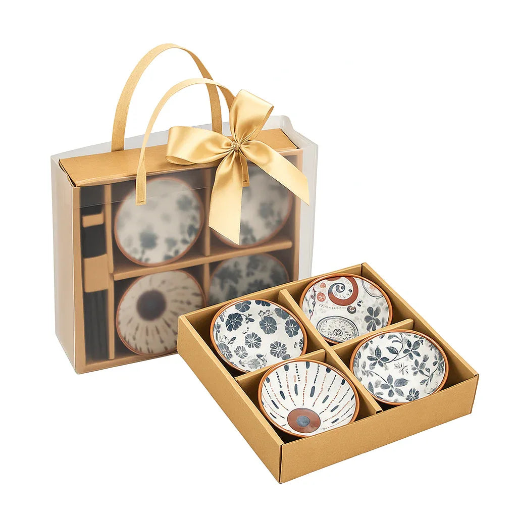 Japanese Style Ceramic Serving Bowls Set with Chopsticks - 4 Pieces Set