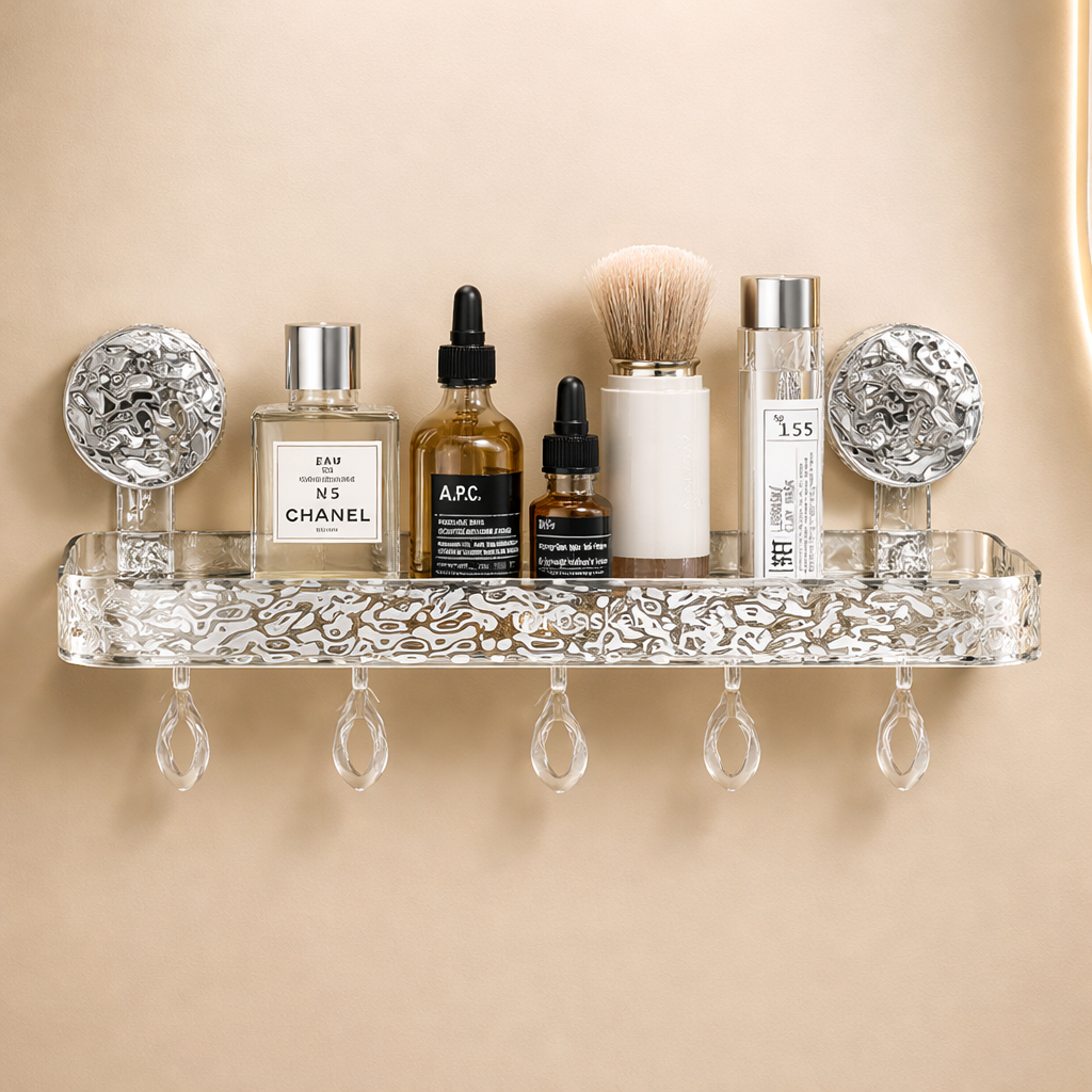 Suction Cup Shower Shelf With Hooks – Heavy-Duty Transparent Organizer