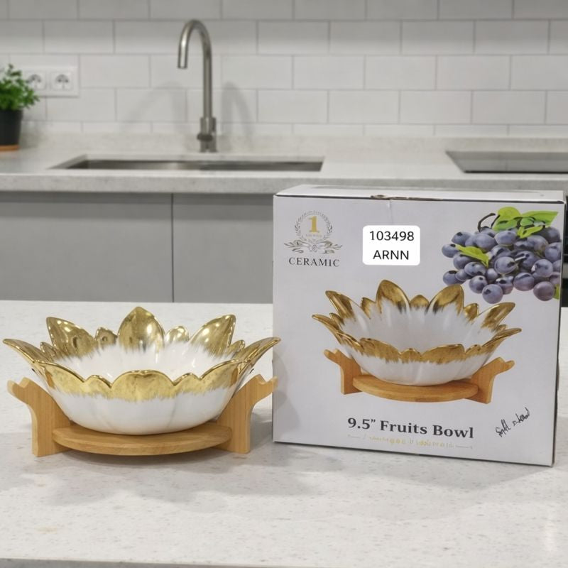 Elegant Lotus-Style Gold-Rimmed Ceramic Bowl with Wooden Stand