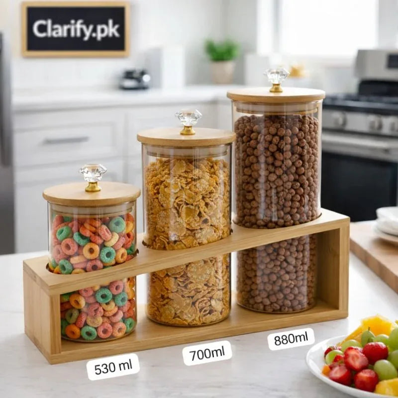 Premium Glass Storage Jar Set with Wooden Stand – Luxury Kitchen Organizer