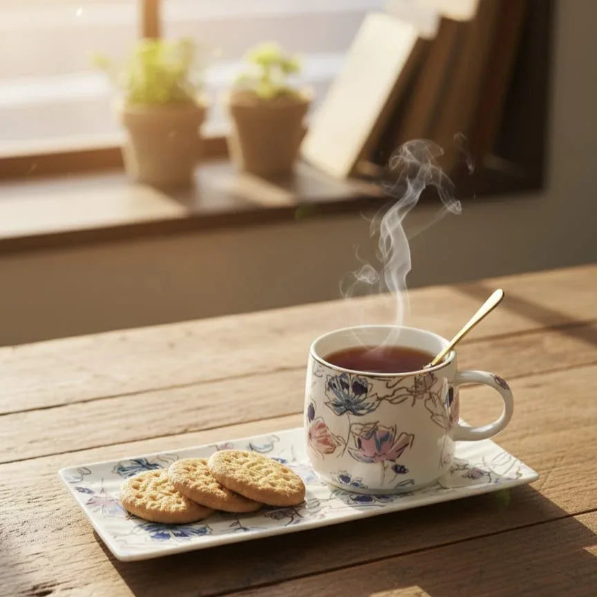Premium Ceramic Tea Cup with Plate - Floral Design Serving Set