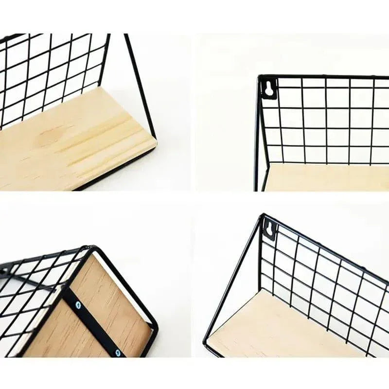 Metal Grid Wall Shelf with Wooden Base for Stylish Home Storage