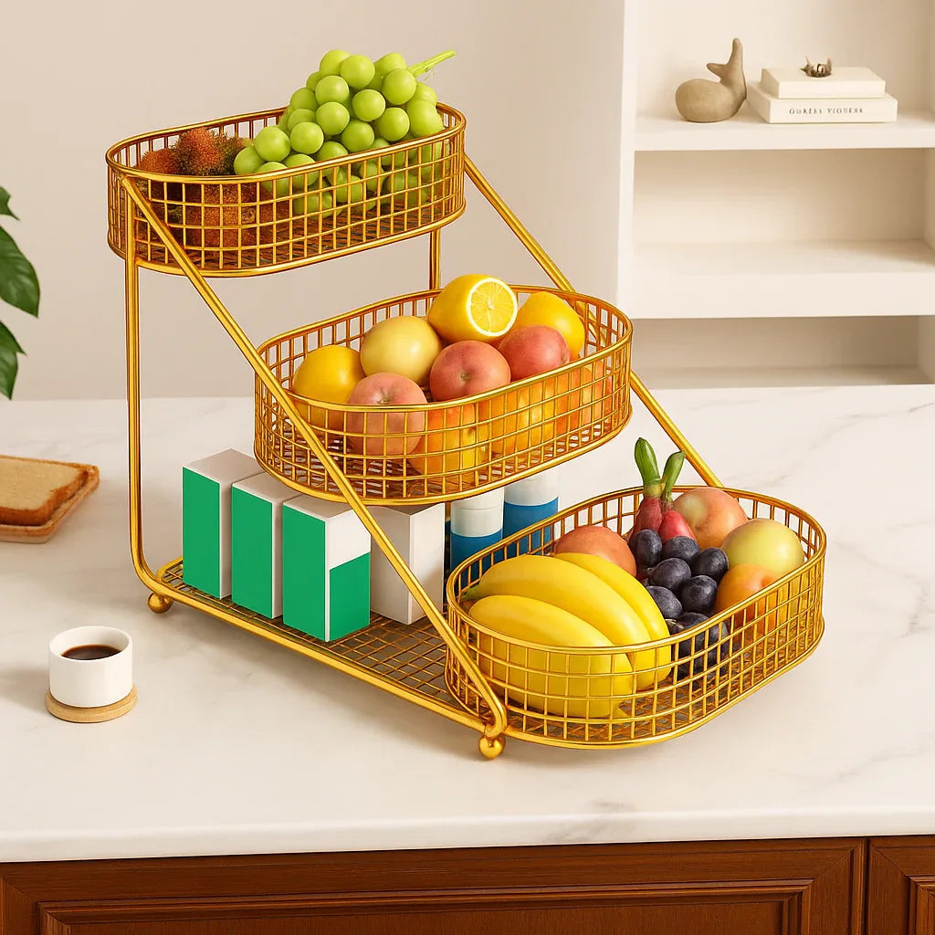 3 Layer Golden Fruit Basket – Iron Storage Rack