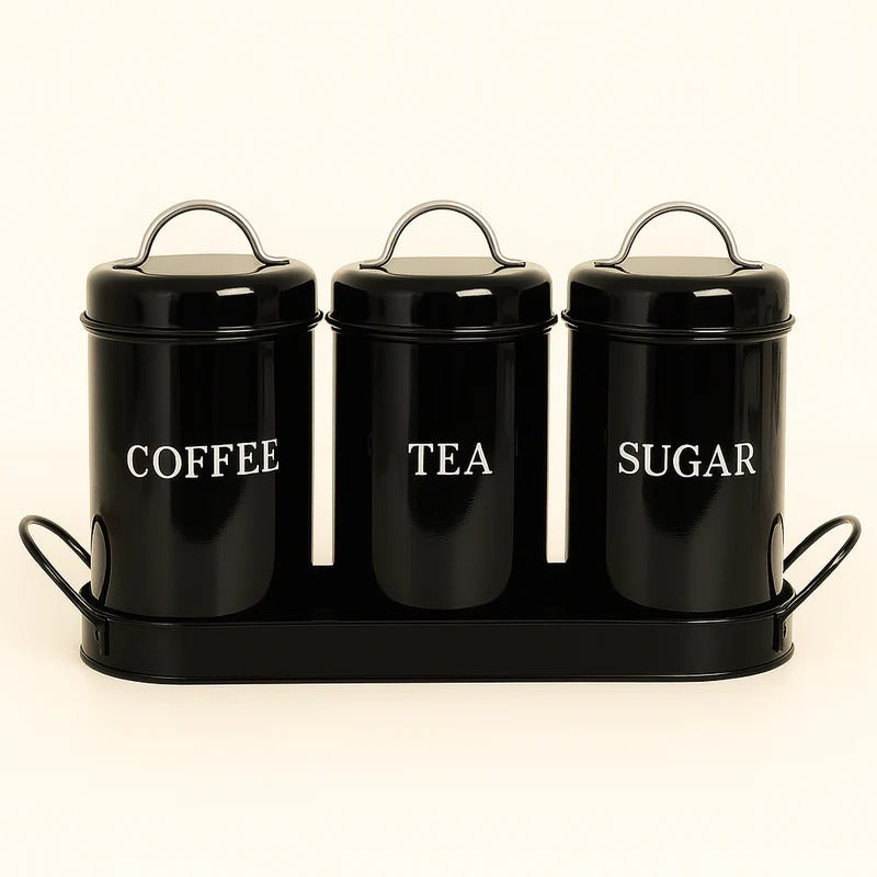 Vintage Retro Metal Kitchen Canister Set – Tea, Coffee, & Sugar Trio with Tray