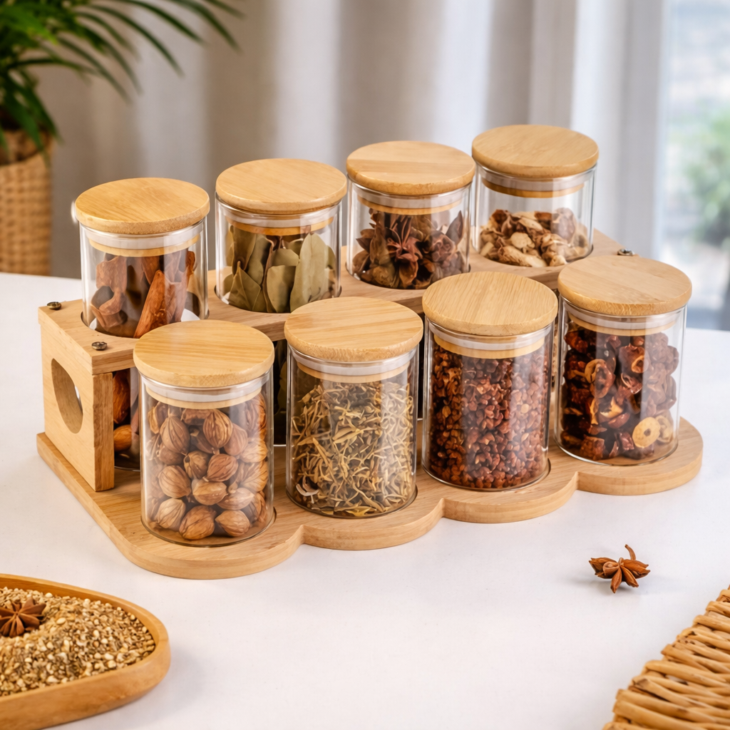Premium 8pcs Glass Spice Jar Set with Bamboo Stand - Culinary Curator