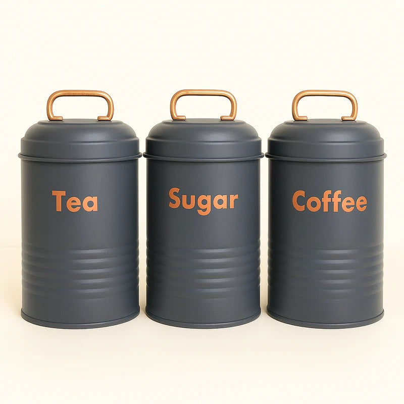 Vintage Metal Canister Set – 3-Piece Embossed Coffee, Tea, & Sugar Jars