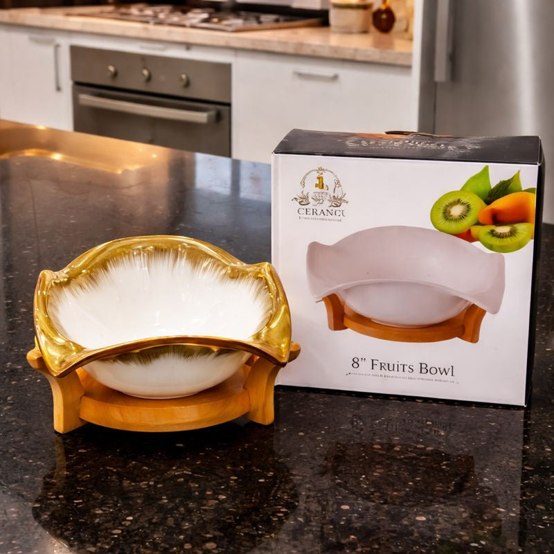 Luxury Gold-Rimmed Scalloped Ceramic Fruit Bowl – 8" Aesthetic Centerpiece with Decorative Wooden Base