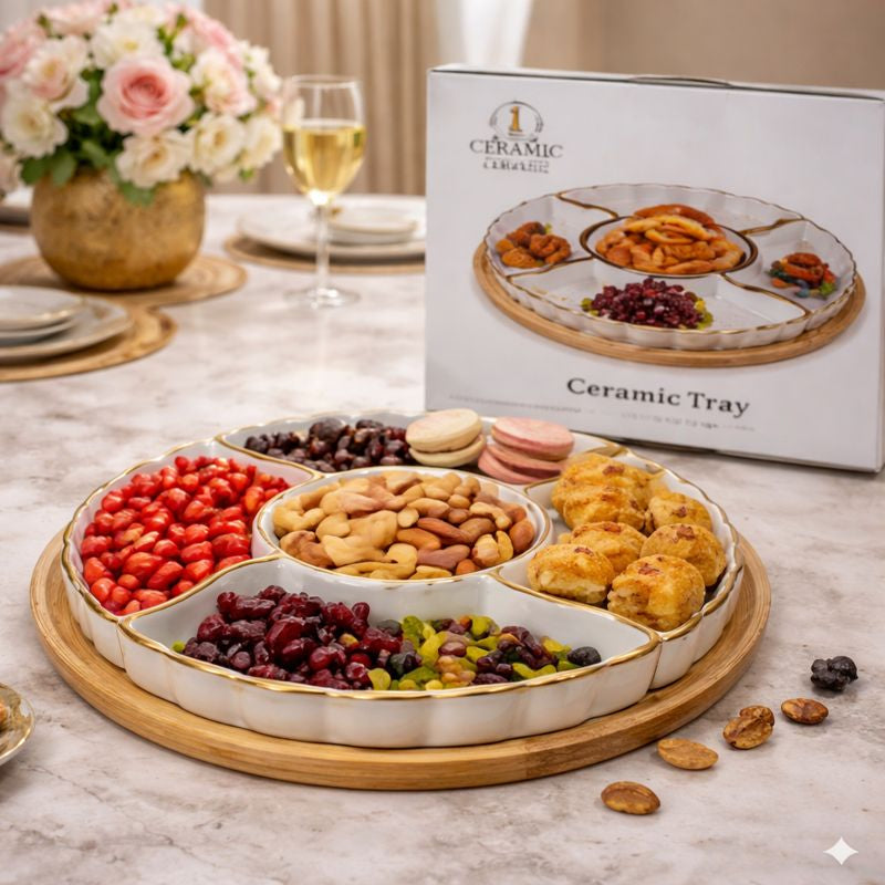 Luxury 5-Portion Ceramic Dessert & Snack Set - Gold Rim with Rotating Wooden Tray