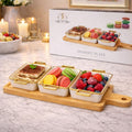 Luxury 3-Portion Ceramic Dessert Serving Set - Gold Rim Bowls with Wooden Paddle Tray