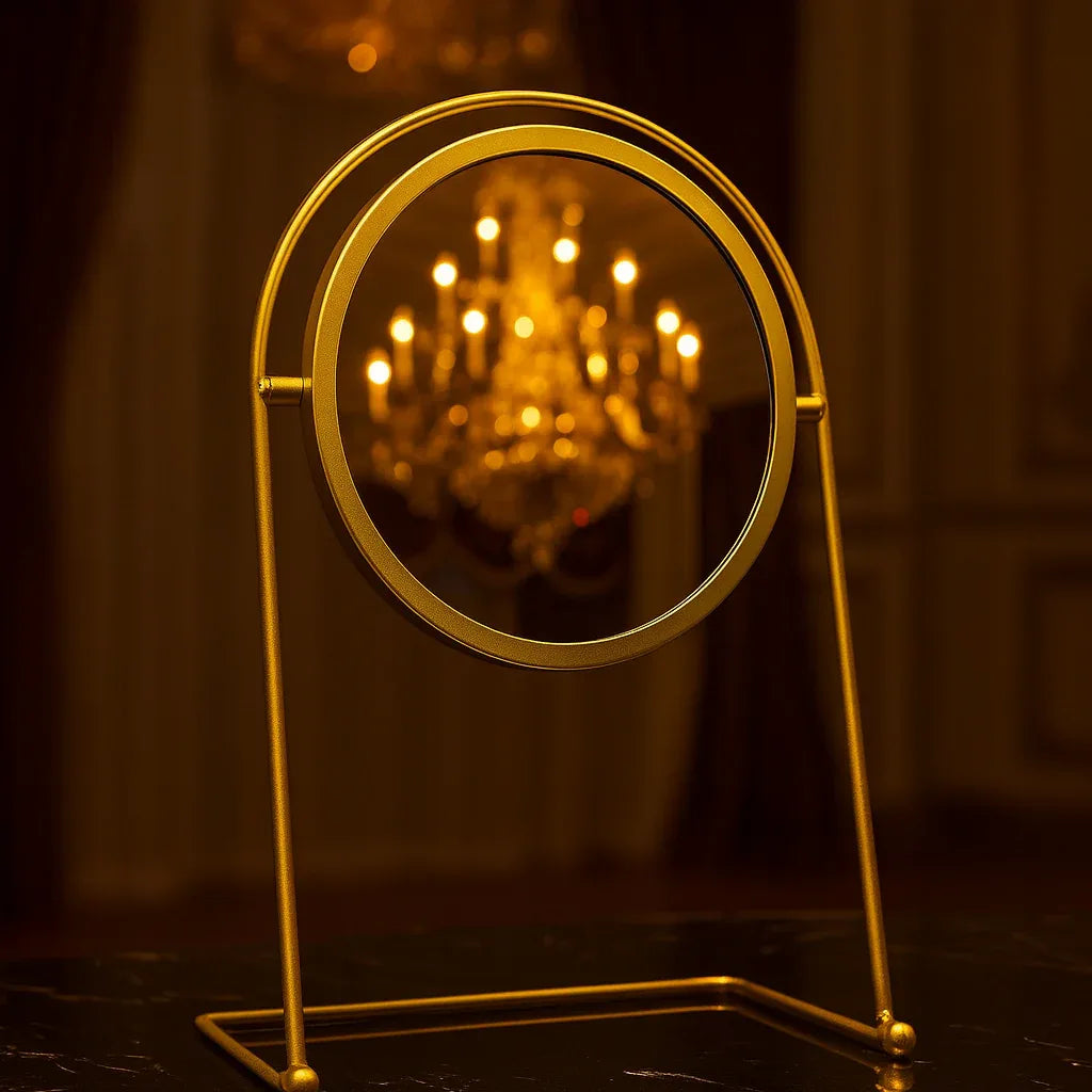 Metal Golden Circular Stand Mirror – Elegant Desk Vanity