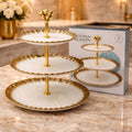 Premium 3-Tier Gold-Rimmed Serving Platter – Scalloped Ceramic Trays with Elegant Gold Pillar