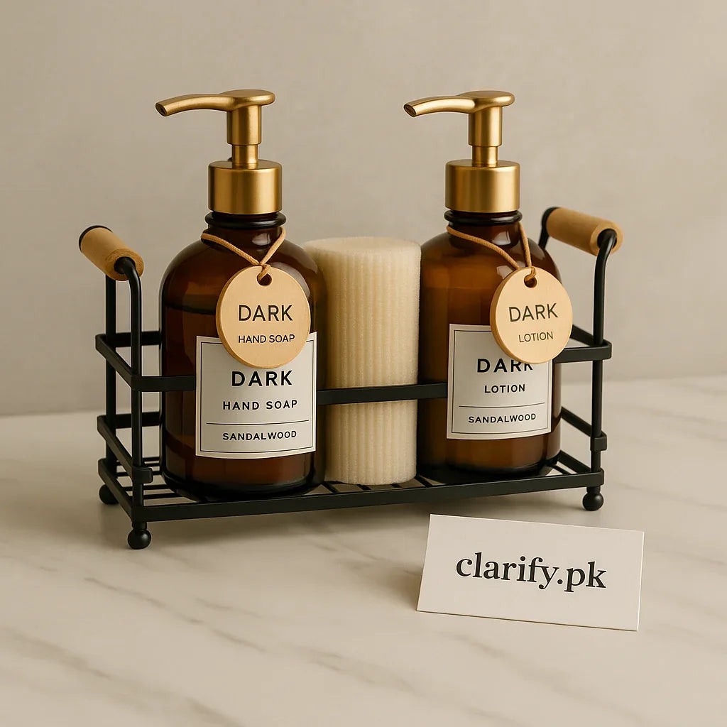 Amber Soap & Lotion Dispenser Set with Gold Caddy – Elegant Refillable Organizer