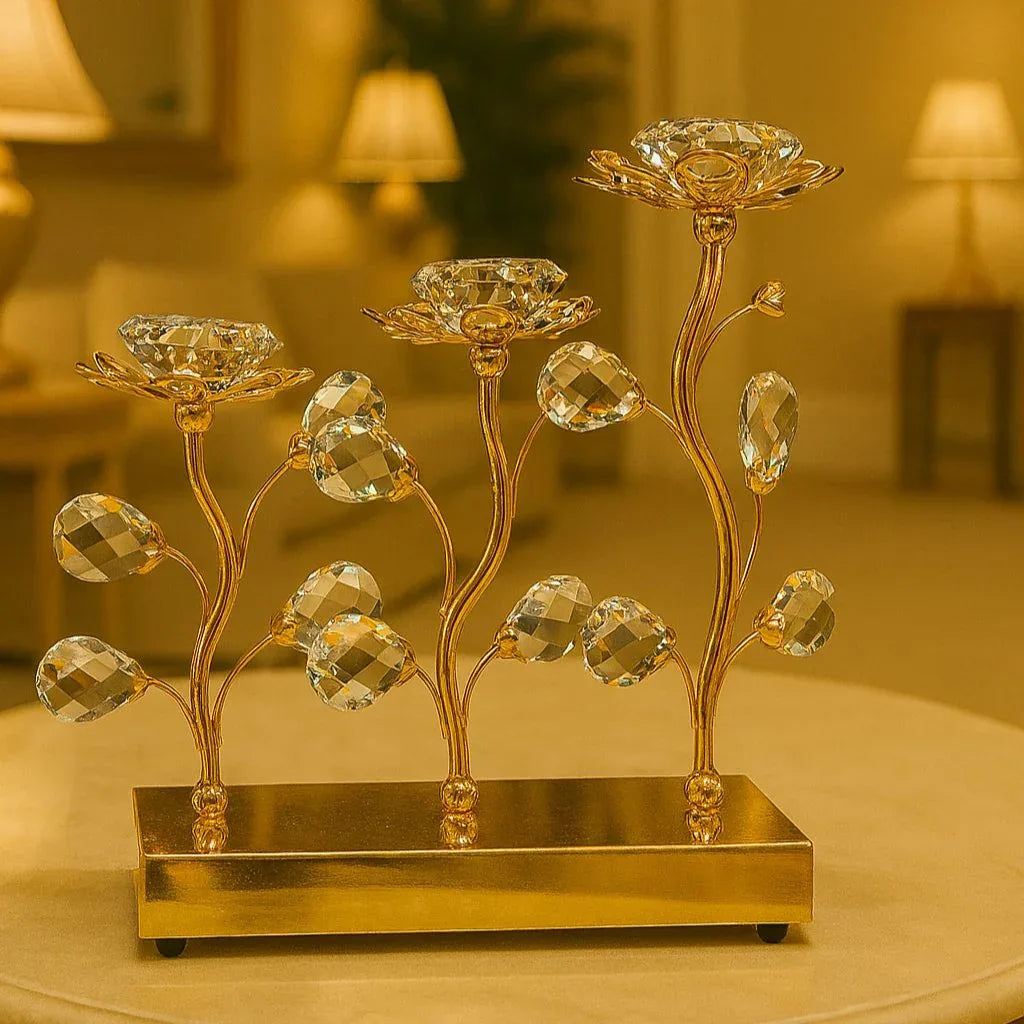 3 Pieces Crystal Candle Stand Gold Decor