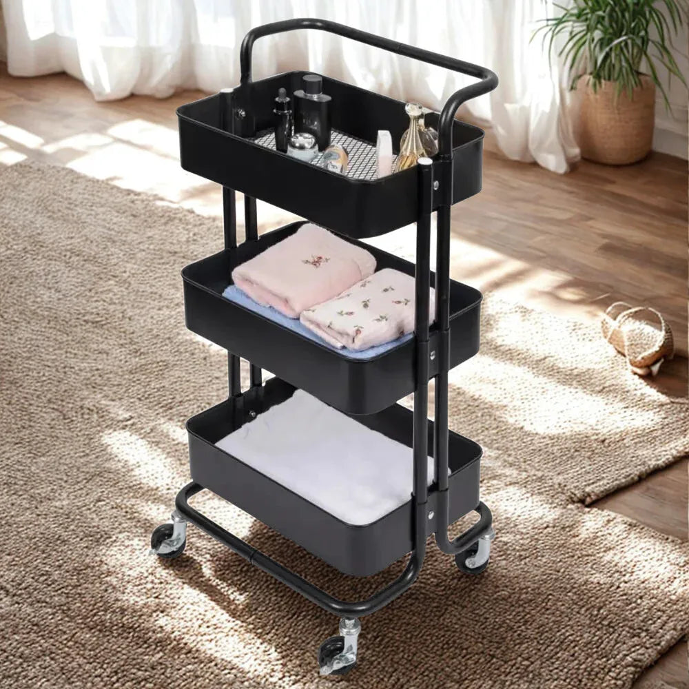 3 Tier Folding Metal Cart with Wheels - Durable Storage Holder