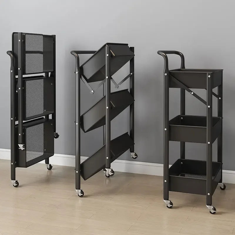 3 Tier Folding Metal Cart with Wheels - Durable Storage Holder