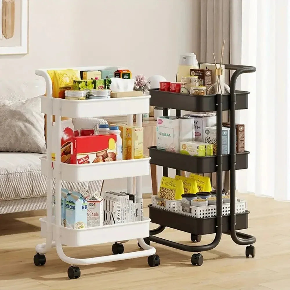 3 Tier Folding Metal Cart with Wheels - Durable Storage Holder
