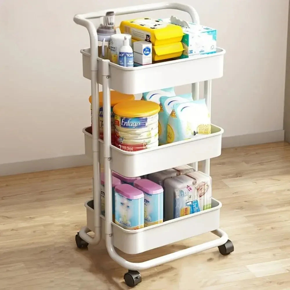 3 Tier Folding Metal Cart with Wheels - Durable Storage Holder