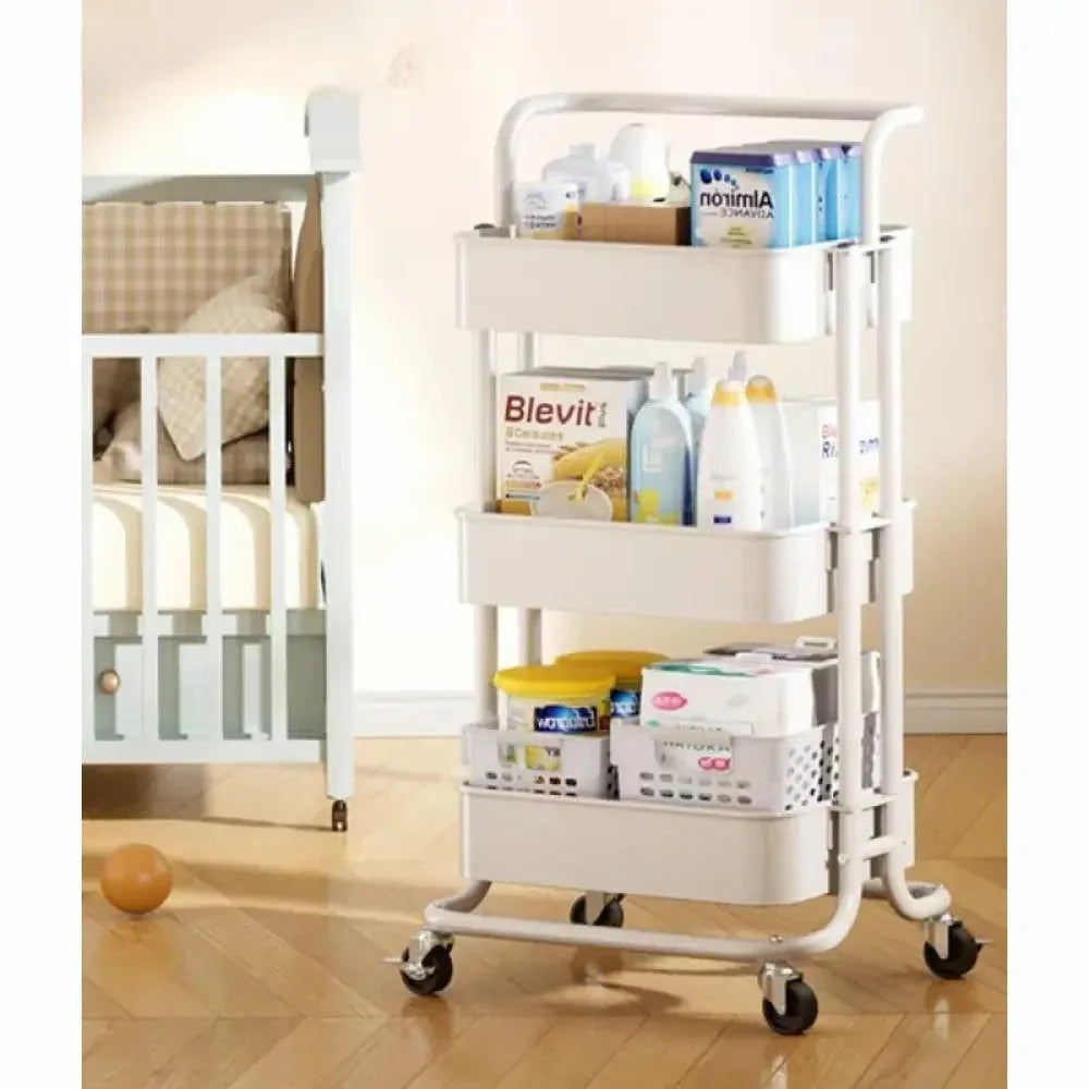 3 Tier Folding Metal Cart with Wheels - Durable Storage Holder