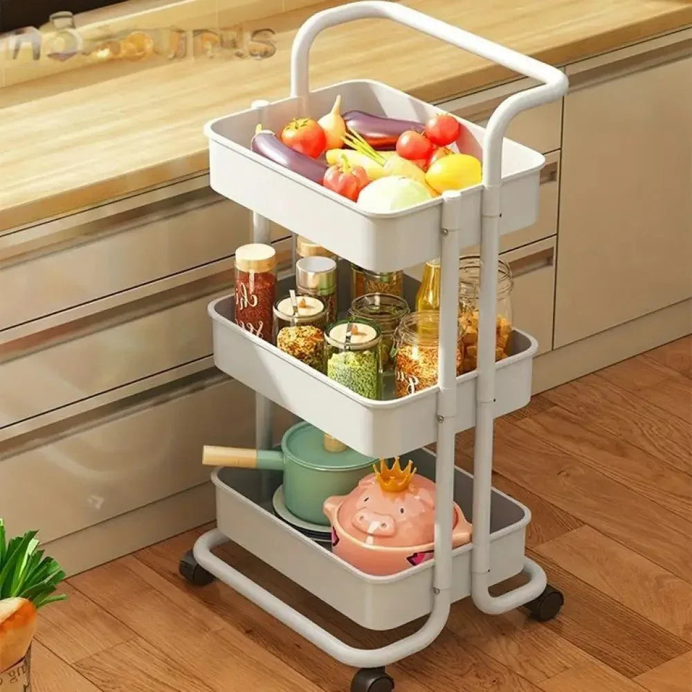 3 Tier Folding Metal Cart with Wheels - Durable Storage Holder