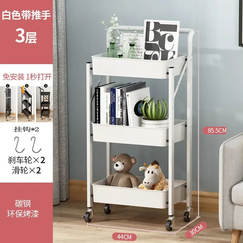 3 Tier Folding Metal Cart with Wheels - Durable Storage Holder