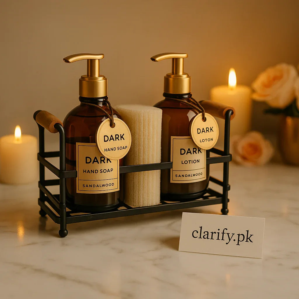 Amber Soap & Lotion Dispenser Set with Gold Caddy – Elegant Refillable Organizer