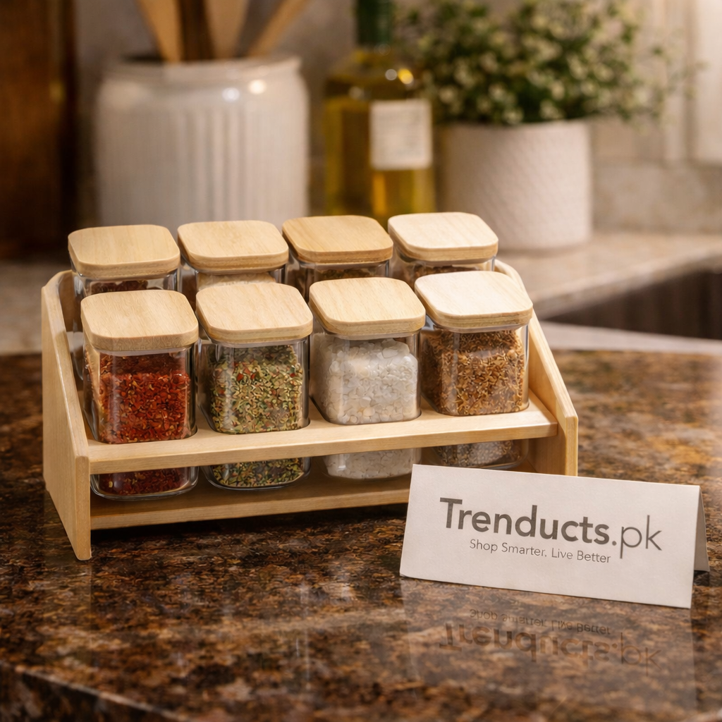 Flavor Spire 8-Piece Glass Spice Collection with Multi-Level Tilted Stand